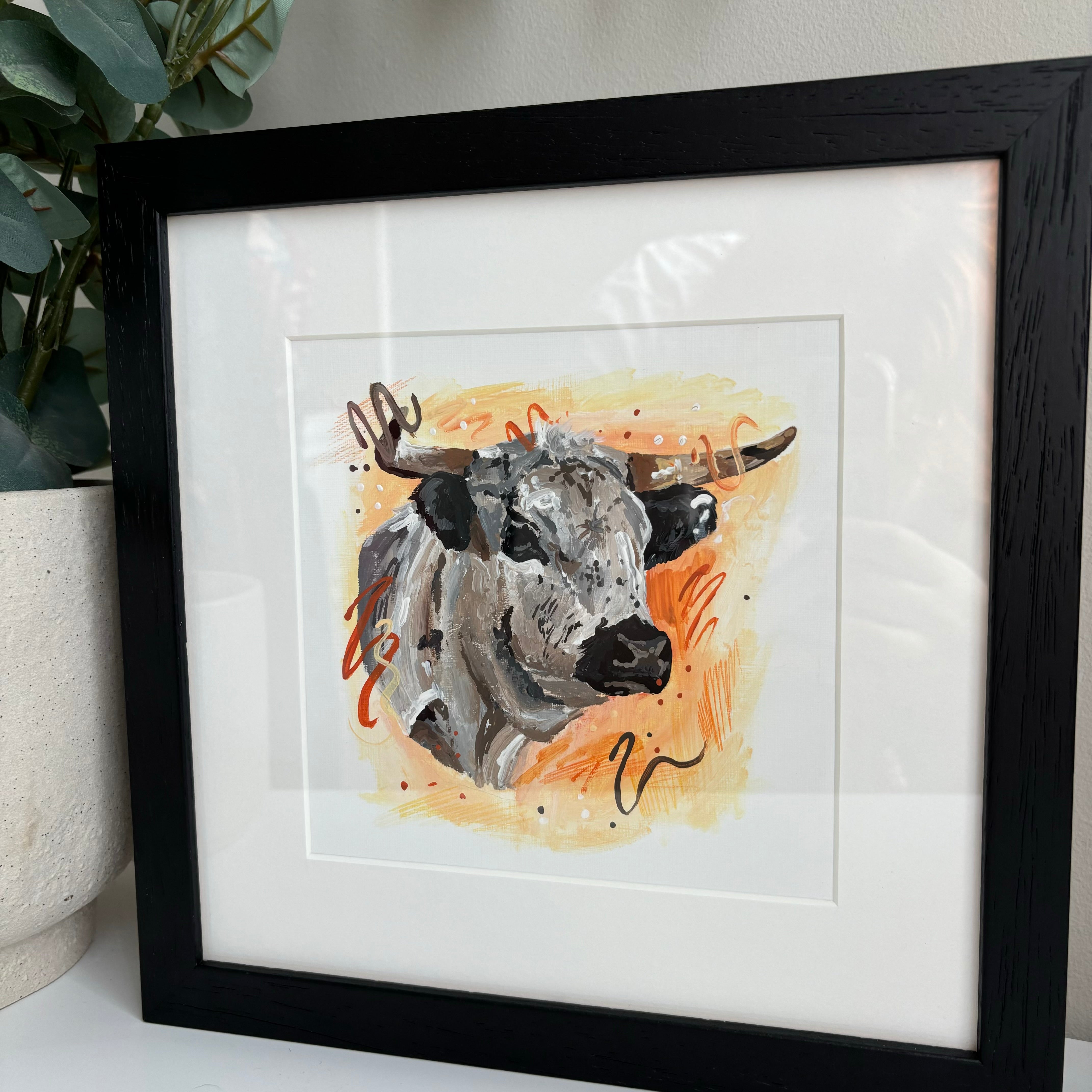 White Park Cow Framed Original Painting