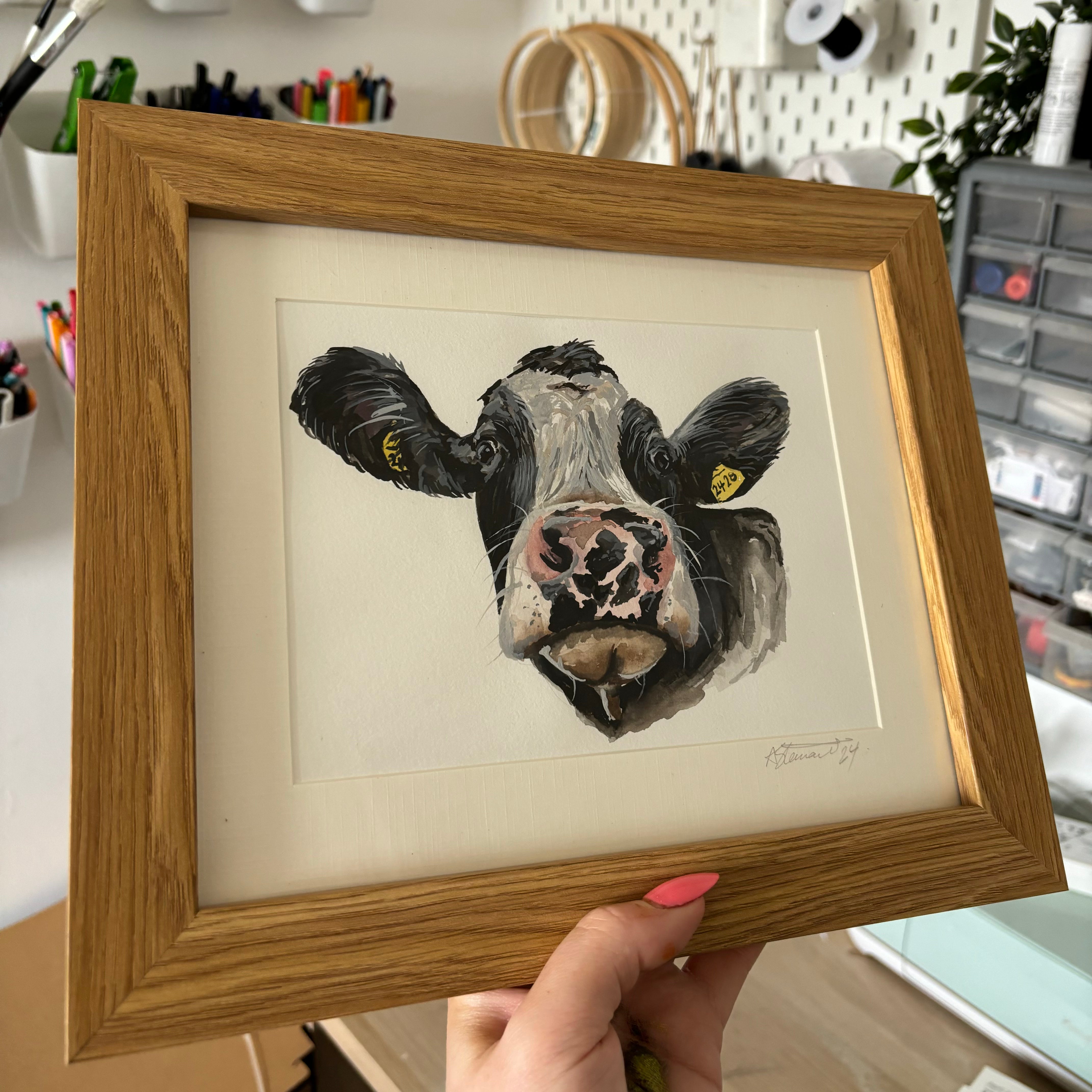 Framed Original Watercolour Cow