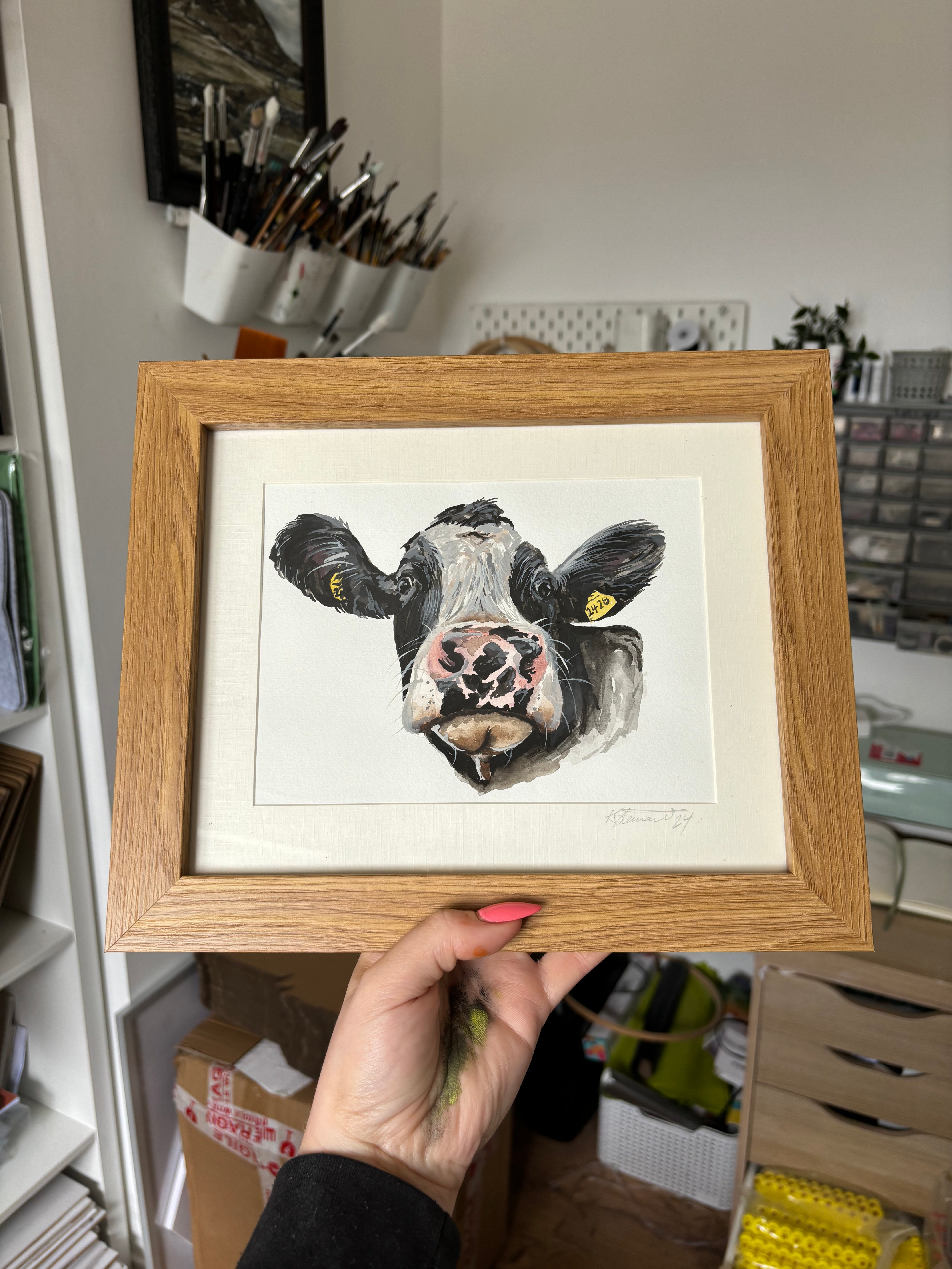 Framed Original Watercolour Cow