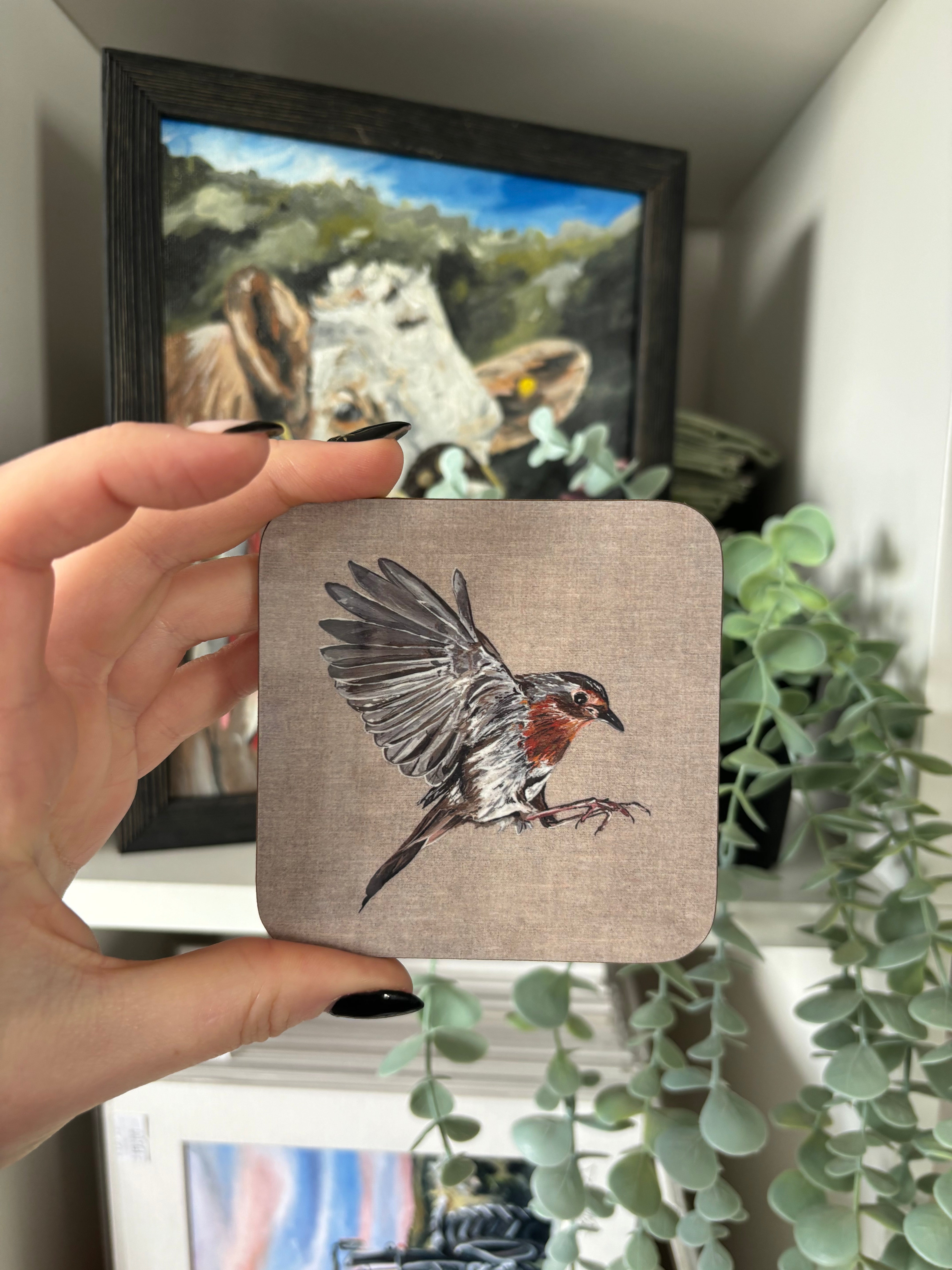 Robin on Linen Canvas Coaster