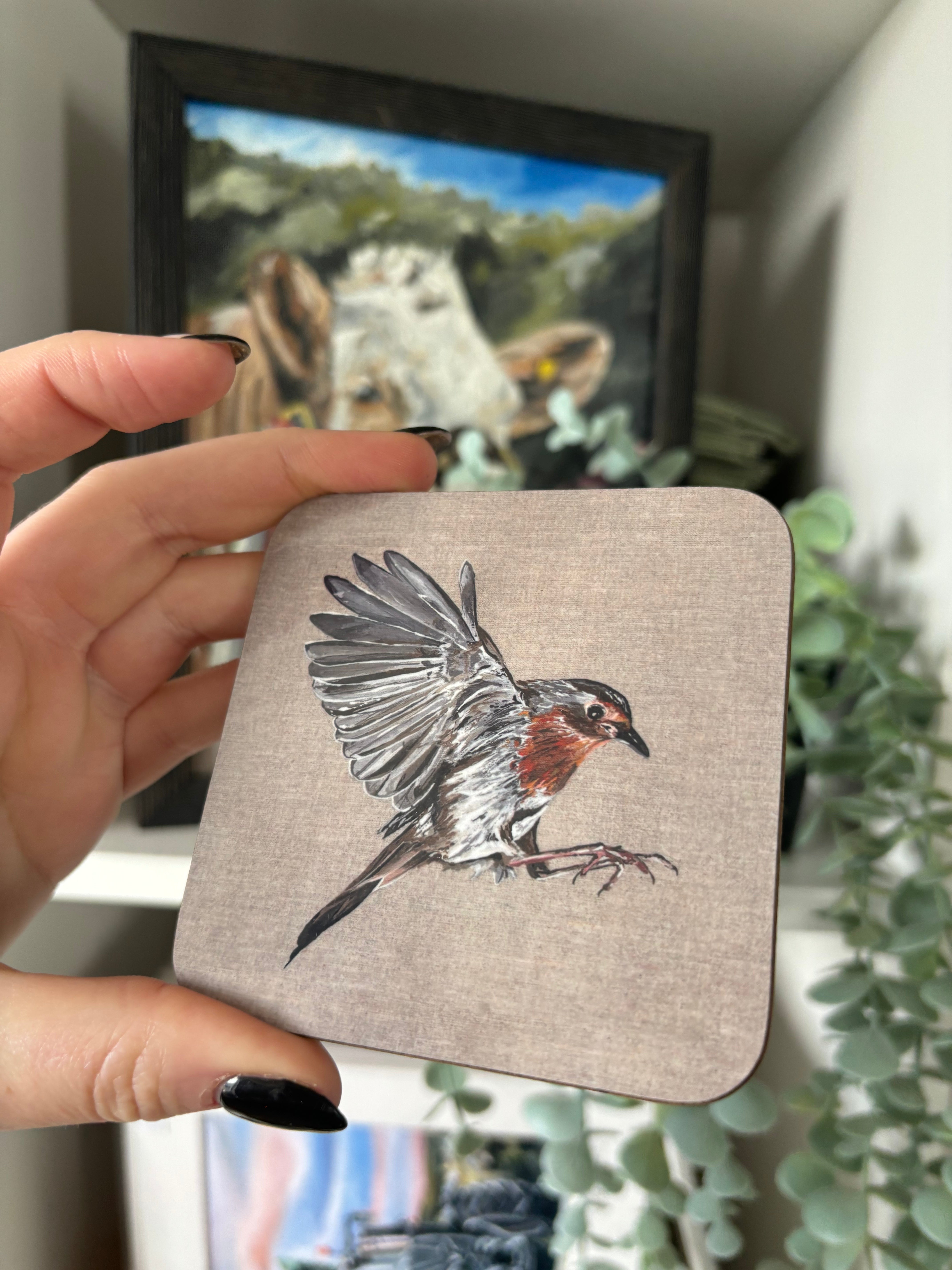 Robin on Linen Canvas Coaster