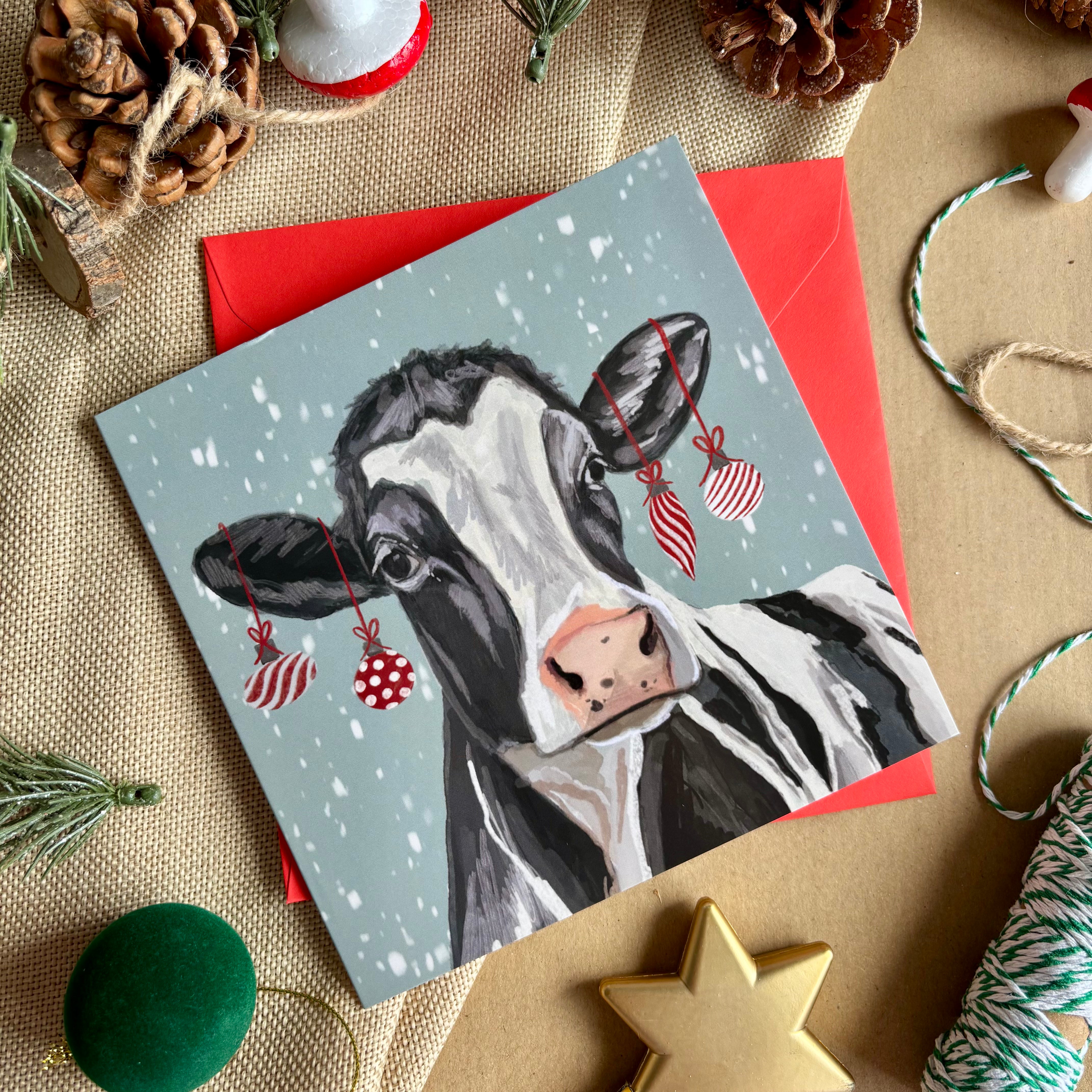 Black and White Cow Christmas Card