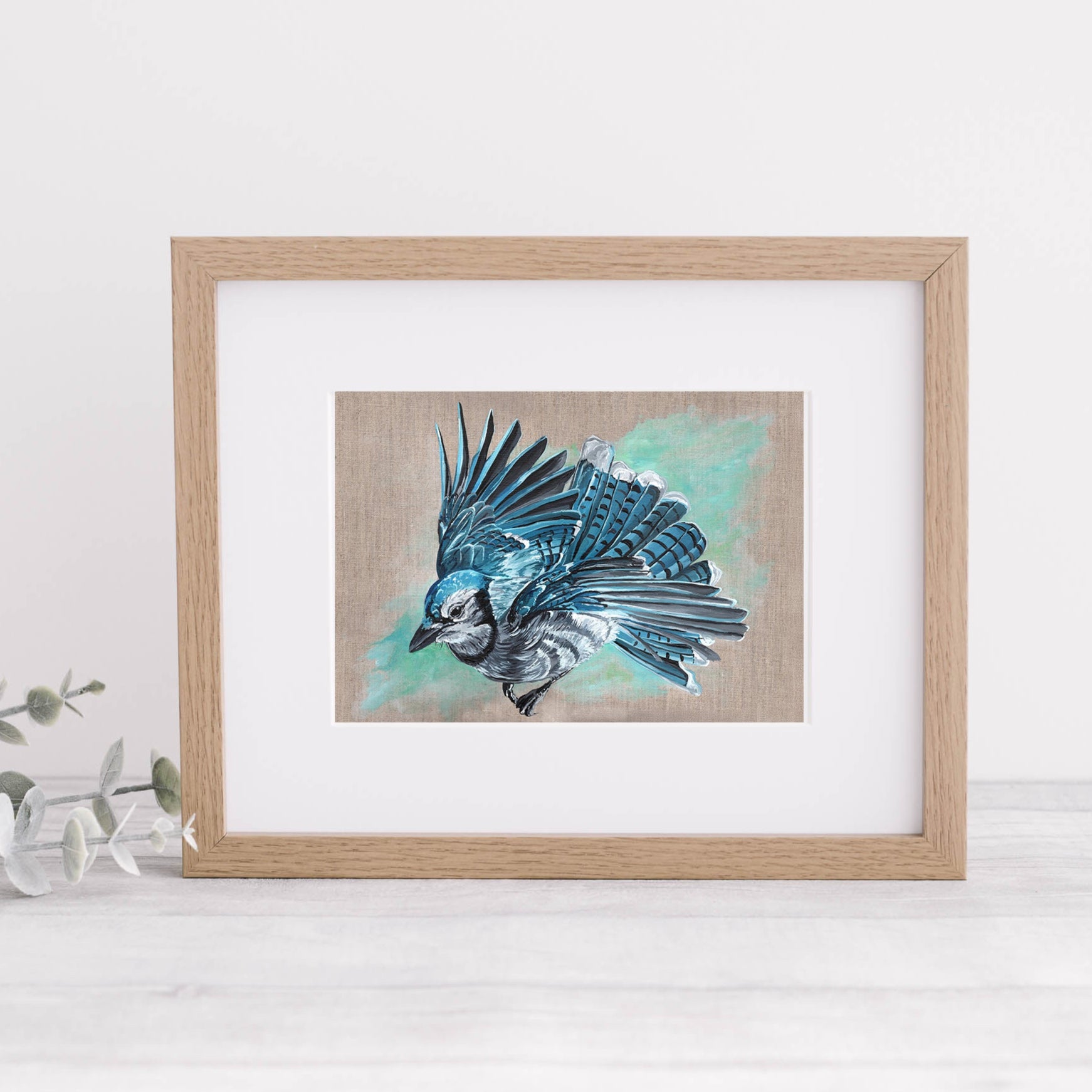 Blue Jay on Linen Mounted Print